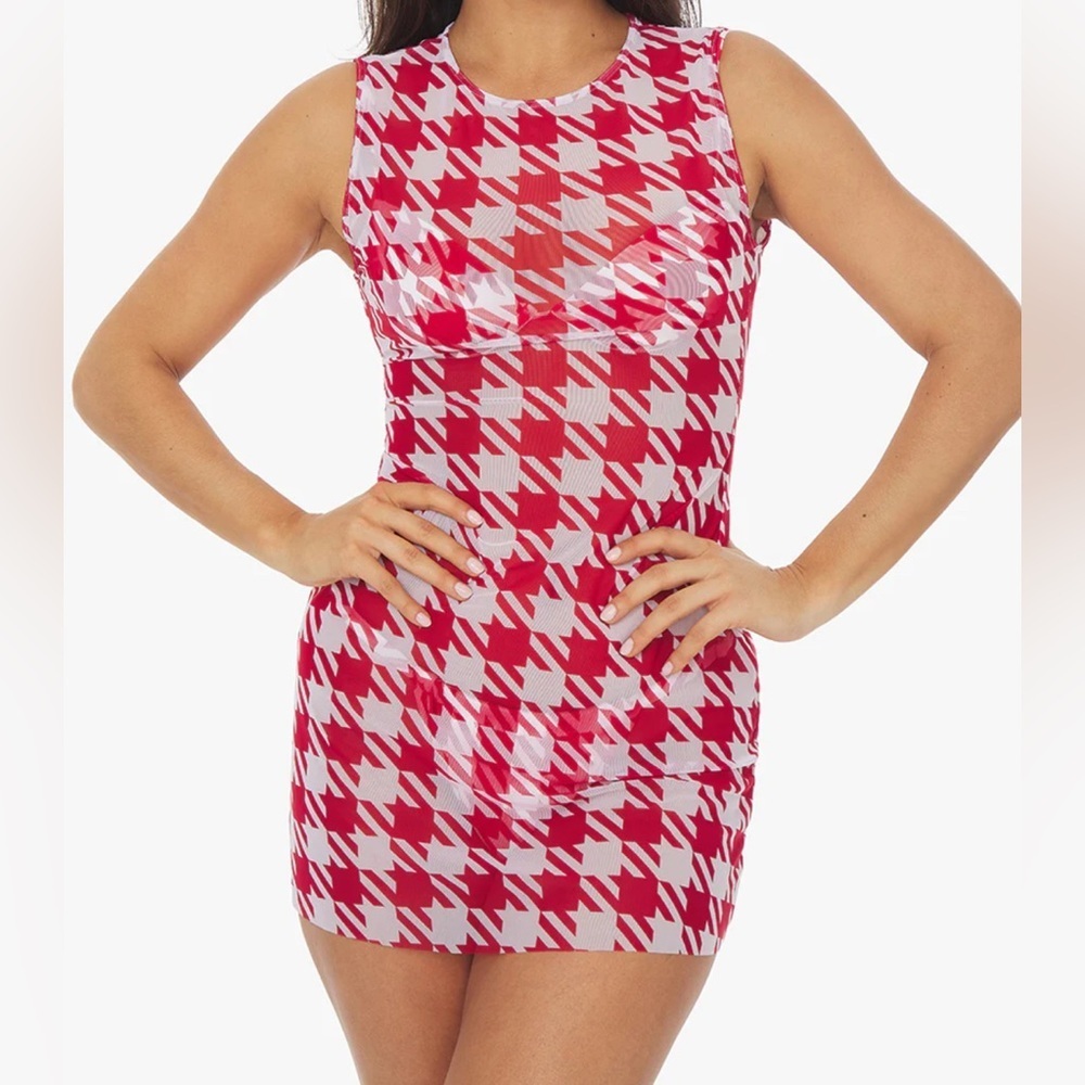 WeWoreWhat Sheer Muscle Dress in  Cherry Red Houndstooth